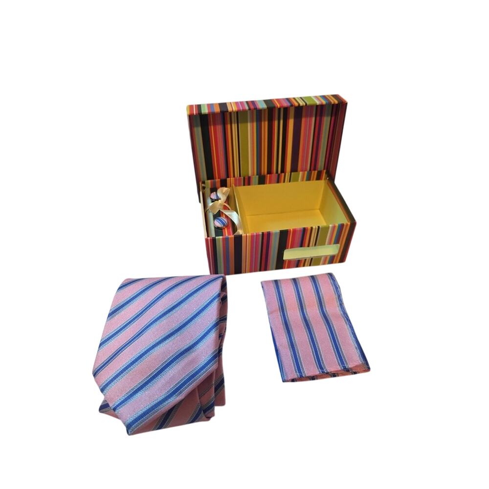Paul Smith 100% Silk Tie Pocket square Cufflinks 3 set Original Box